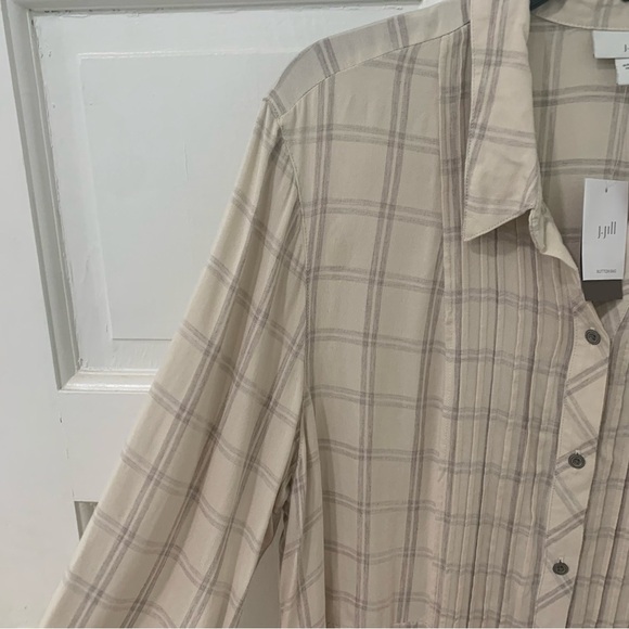 NWT J. Jill Neutral Plaid Pintuck Peplum Bottom Button Down Viscose Shirt Sz XL - Picture 2 of 12